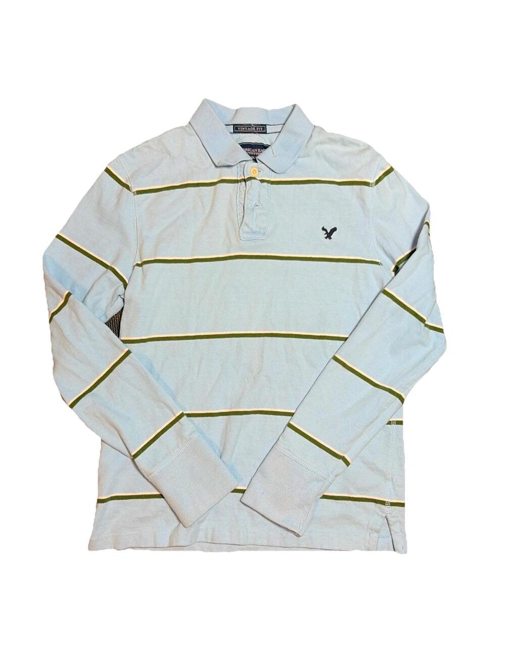 American Eagle Men’s Medium Polo Rugby Blue Y2K Long Sleeve Faded Size Small